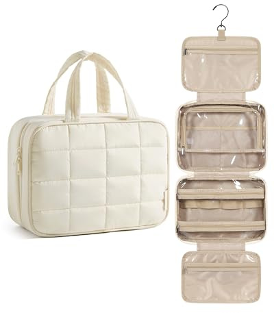 BAGSMART Travel Toiletry Bag for Womne, Hanging Travel Bag for Toiletries, Puffy Makeup Cosmetic Bag Organizer, Carry-on Travel Accessories Essentials, Beige