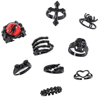 Gothic Black Ring Set Dark Demon Eye, Cross,Spider,Sanke,Skull,Heart,Bat Stackable Rings for Women Black Joint Knuckle Rings Set Halloween Finger Rings Jewelry Accessories