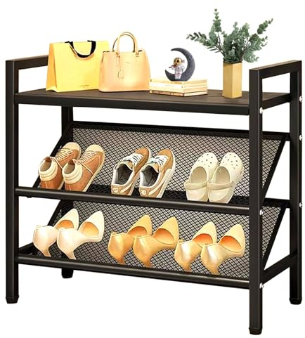 Kompaktes Schuhregal, Schrägtes 3 Ebenen, Schuhschrank Schmal, Schuhständer aus Metall, Schuhaufbewahrung, Schuh-Organizer, Platzsparend, für Eingangsbereich, Garderobe, Flur, Wohnzimmer, Schwarz