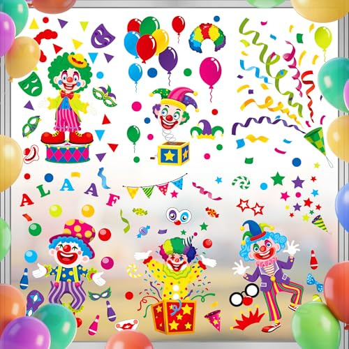 6 Stück Fensterbilder Karneval,Karneval Clown Fensterbilder Carnival Deko | Karneval Deko Fenster,Fensterdeko Karneval,PVC Fenster Deko,Fensterbilder Fasching, Kinderzimmer Geburtstagsparty
