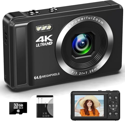 4K Digitalkamera mit 32 GB SD-Karte – 64MP Kompaktkamera, Mini-Kamera für Kinder, Anfänger und Teenager mit Autofokus, 16-facher digitaler Zoom und wiederaufladbarem Akku