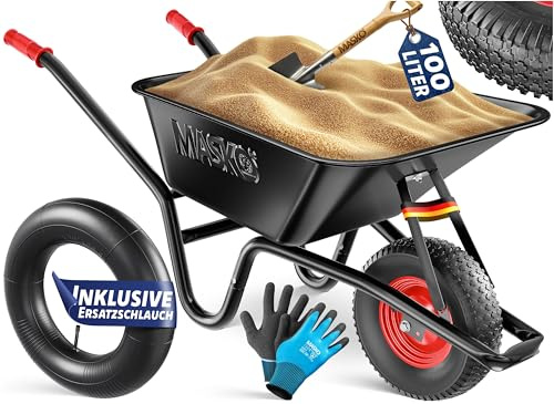 MASKO® Brouette de chantier et de jardin 100 l 250 kg avec pneus à air et jantes en acier + tuyau de rechange, galvanisée Cadre en acier Chariot de jardin Chariot de transport Gants