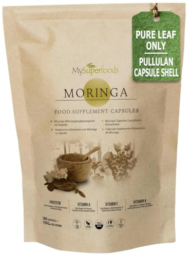 MySuperfoods Moringa 1500mg, 180 Pullulan Capsules, Pure Leaf Only | Source of vitamin K, which supports the maintenance of normal bones. 1500mg of pure leaf, tapioca capsule. 2 months supply.