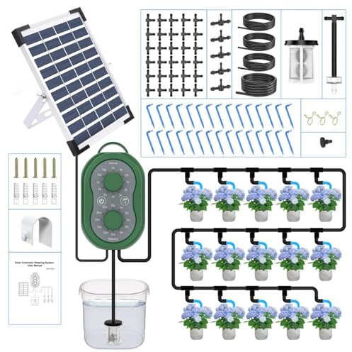 Système d'arrosage solaire pour 30 plantes, système d'irrigation goutte à goutte automatique avec minuterie et tuyau de 35 m, idéal pour jardin, balcon et plantes en pot
