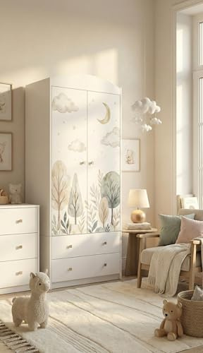 Happy Babies Kinderkleiderschrank mit bezauberndem Motiv – 2-türiger Schrank für Kinderzimmer inkl. 2 Schubladen, Kleiderstange & Einlegeböden, Weiß (88x187x54 cm) (nr 383)