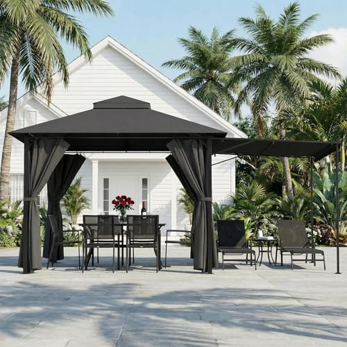 JUMMICO Garten pavillon 3 x 3 m, erweiterbar auf 3 x 4,8 m, mit Verstellbarer Markise, ideal für Garten und Terrasse, zum Entspannen, Grillen und Feiern, mit vierseitigem Stoffbesatz，Grau
