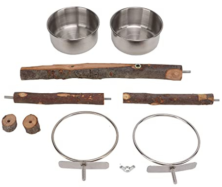 Support en Bois pour perroquets avec gamelle en Acier Inoxydable, Ensemble d’Alimentation pour Cage à Oiseaux, mangeoire perchée en Bois de Pommier Naturel avec gamelle Amovible (L)