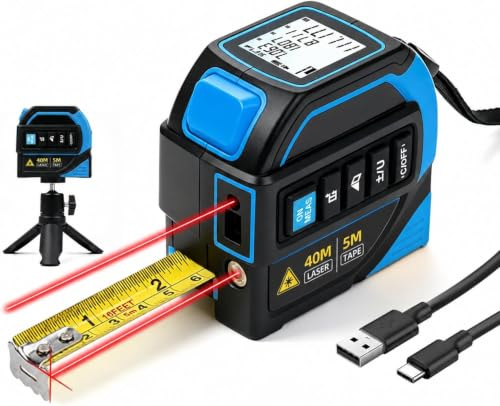 Misuratore di distanza laser da 40 m, 4 in 1 con metro a nastro da 5 m, laser da 40 m, reticolo laser da 16 m, treppiede per misurazione di aree/calcolo pitagorico/livellamento