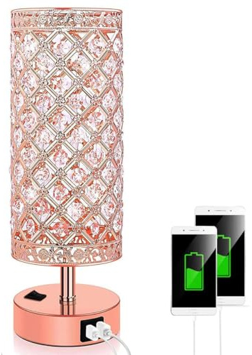 Jorunhe Crystal Bedside Table Lamp with Dual USB Charging Port | Elegant Crystal Design, Ideal for Bedroom, Living Room, Guest Room