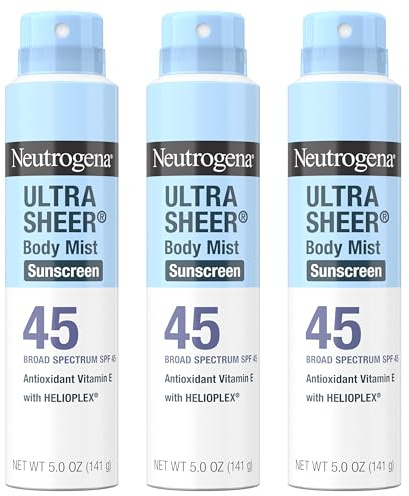 Neutrogena Ultra Sheer Sunscreen Spray SPF 45 Body Mist, Lightweight Non-Greasy Broad Spectrum UVA/UVB Protection, Oil-Free & Non-Comedogenic Water Resistant Spray Sunscreen (80 min), Pack of 3, 5 oz