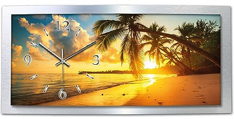 Kreative Feder 3D Designer-Wanduhr Palmen am Strand in modernem Metallic-Design; leise Funkuhr mit Motiv wahlweise in Zwei Größen (WAA114, 80x40cm; leises Funkuhrwerk)