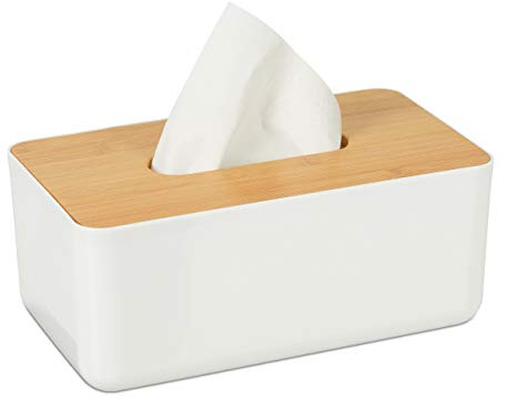 Relaxdays Tücherbox mit Deckel aus Bambus, 2er Set, fürs Bad, weiß/natur | modernes Design, Kunststoff, H x B x T: 10 x 23 x 13 cm