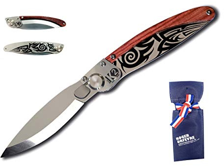 ROGER ORFEVRE - Couteau K2 Tribal - Couteau de Poche Pliable - Manche en Bois de Rose - Verrouillage à Une Main - Livré avec Un Étui - Labellisé Esprit de Thiers - Fabriqué en France