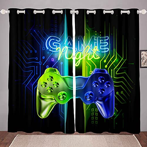 Loussiesd Game Curtains for Bedroom W46 x L54 Gamer Video Game Room Darkening Curtain Boys Teens Kids Gaming Thermal Insulated Window Drapes Blue Green Neon Gamepad Window Treatment Set