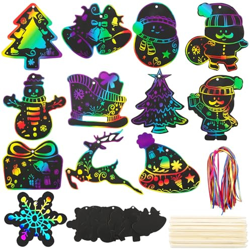 48 Stk Weihnachten Kratzbilder Set Regenbogen Weihnachts Kratzpapier mit Holzstäbchen und Bunte Bänder Bastelset Kratzbild für Weihnachten Partydeko DIY Anhänger Geschenk Handwerk Jungen Mädchen usw.