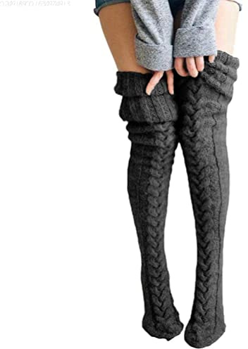 Settoo dam vinter knästrumpor overknee strumpor ull strumpor med pälsboll supermjuk och varm, 85/105 cm, Mörkgrå, 90