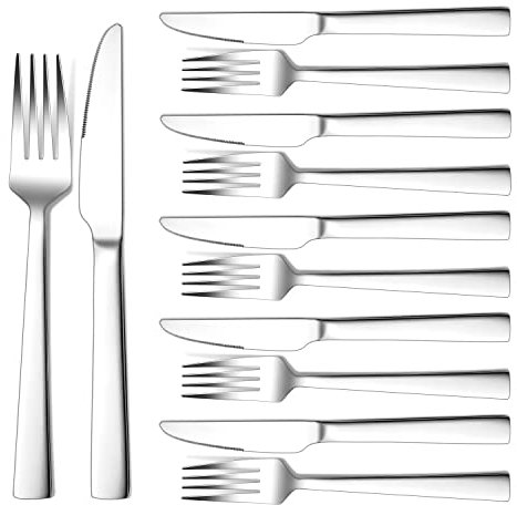 Herogo Couverts à steak, 12 pièces en acier inoxydable Set de couverts à steak pour 6 personnes, Argent Couteaux à steak et fourchettes à steak