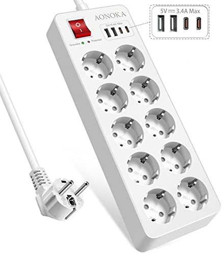 Ciabatta Multipresa con USB C, Multipresa Schuko 10 Posti con Interruttore