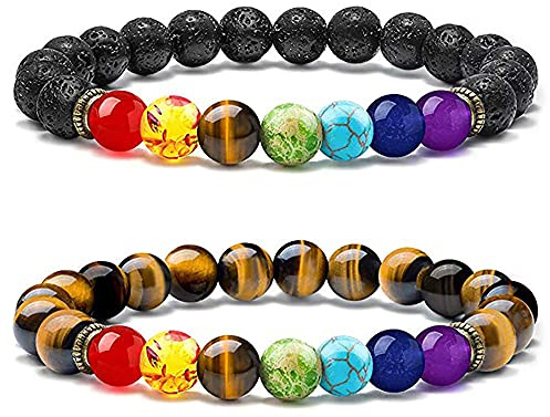Senidea 2 Pezzi 7 Braccialetto Chakra per Donna Uomo, Bracciale Occhio di Tigre Lava Beads, Bracciali Yoga Pietre Naturali Energetiche, Bracciale Pietra Lavica 8mm