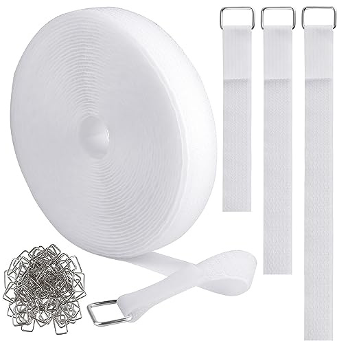 YMCRLUX 1x16ft Hook and Loop Straps with 25 Metal Buckles, Adjustable Fastening Cable Straps, Cut-to-Length Cinch Strap, Reusable Nylon Securing Cord Ties for Organizer or Storage, 1 inch Wide, White