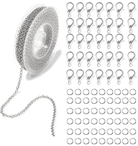 CONNECTION 9M Ketten Basteln Gliederkette Kupfer Gliederkette Legierung DIY Link Kette mit 50 12mm Karabinerverschluss und 100 4mm Biegeringe für Männer FrauenOrnamente DIY Schmuckherstellung, Silber