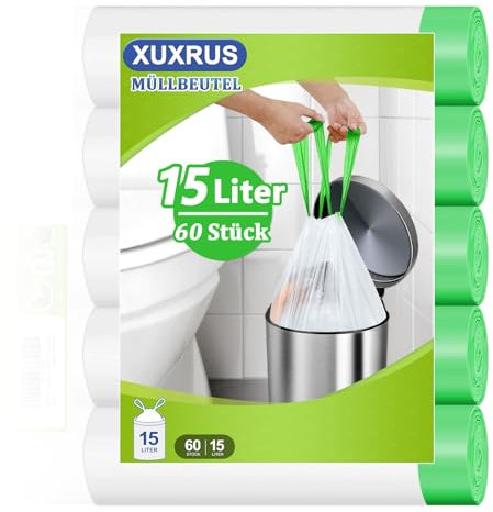XUXRUS Müllbeutel 15l Müllsäcke mit Zugband Weiß Abfallbeutel 60 Stück Tragegriff Mülltüten