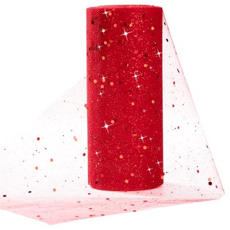 Tüll Stoff 15cm x 25Yards Glitzer Dekostoff Mit Kleine Pailletten Rolle für Hochzeit Party Bankett Deko Handwerk Tischedeko Geschenk Bogen Tüllband Rot