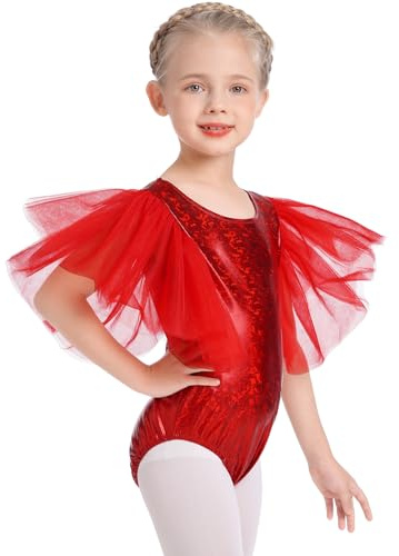 Kids Gymnastics Leotards for Girls Spandex Bodysuit Glitter Shiny Metallic Ballet Dance Top Puff Tulle Sleeve One Piece Unitard Jumpsuit Stage Performace Dancewear Red 6-7 Years
