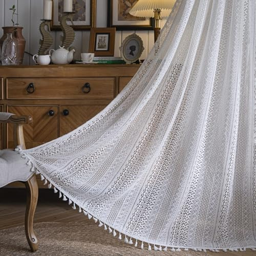 Sutuo Home White Boho Curtains Crochet Lace Semi-Sheer Bohemian Hollow Knitted Handmade Tassels, Rod Pocket Window Treatment Vintage Rustic Farmhouse Drapes for Glass Slide Door, 1 Panel 59 W x 90 L