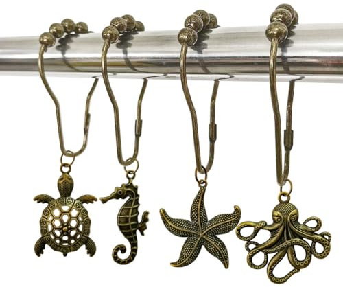 Ocean Shower Curtain Hooks Rings for Decorative Ocean Themed Bathroom, Rustproof Bronze Curtain Rings Set of 12 with Turtle Starfish Seahorse Octopus Sea Animals Series Beach Bathroom Decor (Bronze)