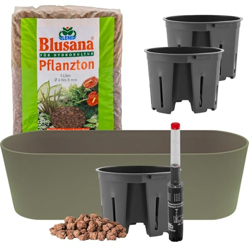 Leni Flori Jardiniere Blumentopf Kapern/grün länglich 36 cm Hydrokultur-Komplett-Set mit Übertopf Hydro-Töpfen Wasserstandsanzeiger & Pflanzton