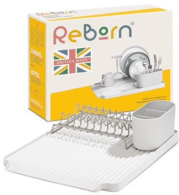 ReBorn - Recycled Dish Draining Rack - Kitchen Sinkside Drainer - Holds up to 10 Plates - Removable Cutlery Basket - Stainless Steel Rack - Made in Britain (Stone, Large)