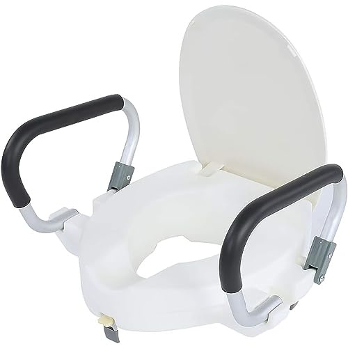 Sedile WC Rialzato con Maniglie, Sedile WC Rialzato con Rialzo di Altezza per WC con Coperchio, Sedile WC Rialzato con Anello Interno Ampio, per Utenti con Portatori di Handicap e a Mobilità Limitat