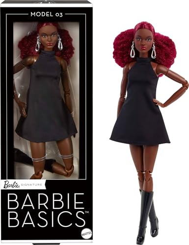 Barbie Basics Modelo 03 Muñeca de coleccionista con pelo rojo rizado, minivestido negro y botas, ropa intercambiable con otras muñecas, cuerpo alto articulado y cabeza intercambiable, JBH75