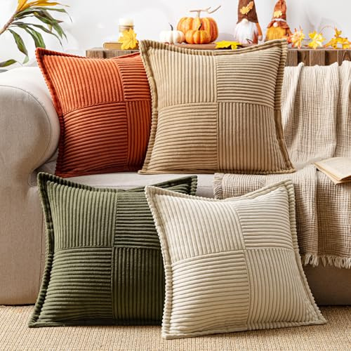 MIULEE 4er Set Kissenbezug 40×40cm Kordsamt Biese Patchwork Braun Grün | Weich Dekorativ Modern Vielseitig Pflegeleicht Langlebig Für Sofa Wohnzimmer Schlafzimmer Gästezimmer Und Balkon