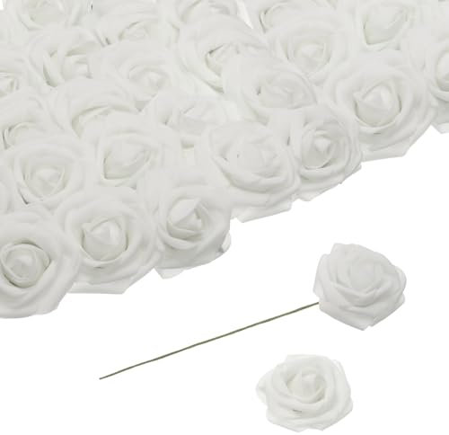 QUARKZMAN 25 Stück Schaumrosen Künstliche Blumen, Gefälschte Rosen mit Stielen Schaum Real Touch Faux Rosen für Hochzeit Party Büro Duschen Hausdekoration, Weiß