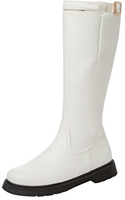 Modische einfarbige Ledergürtelschnalle, dekorativer seitlicher Reißverschluss, flache Unterseite, lange Stiefel, modische Stiefel für Damen, wadenhoch, hoher Absatz, weiß, 39.5 EU