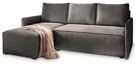 Masseno Ecksofa PERUSI mit Schlaffunktion L-Form, Sofa mit Bettkasten, Wohnzimmersofa, Couch, Soffa, Bettsofa, Couchgarnitur- Graphitfarben, POSO 34