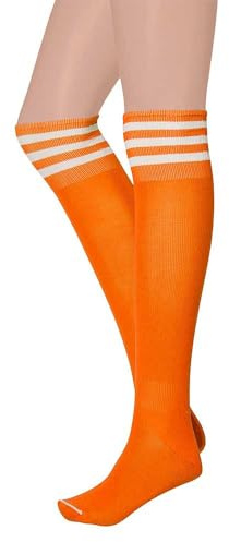 krautwear® Damen Mädchen Kinder Cheerleader Kniestrümpfe Gestreift mit 3 Streifen Gestreifte Overknees Geringelte Strümpfe Socks bunt (Neon Orange)