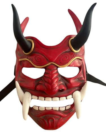 Generisch Oni Maske Rot – Japanische Dämonenmaske aus Harz – Samurai Stil – Kostüm- & Dekomaske für Karneval, Fasching & Halloween