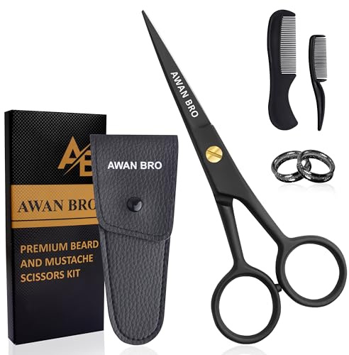 5 Professional Beard & Mustache Scissors Set with Beard Comb & Mustache Comb – Precision Grooming Beard Scissors for All type of Facial Hair, Perfect Beard Hair Scissors Kit with Travel Pouch