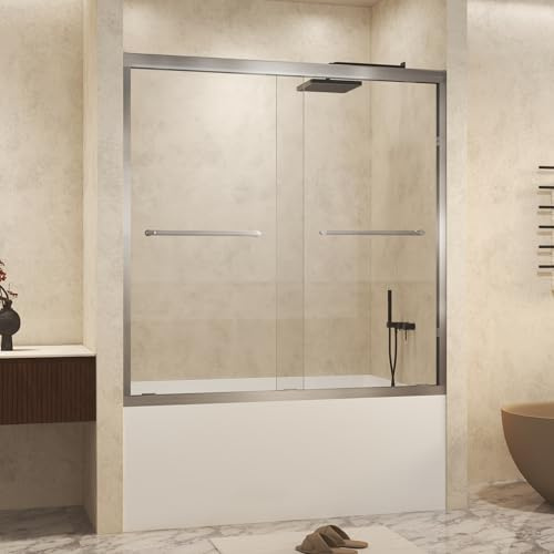 56-60 W x 60 H Semi-Frameless Double Sliding Shower Tub Door, 1/4-Inch (6mm) Clear Tempered Glass with Explosion Proof Film, Stainless Steel Handle -Shower Enclosure for Bathtub (Brushed Nickel)
