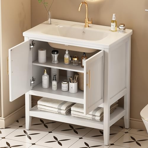 Ligterra Mobile da bagno singolo lavabo moderno con mobiletto da 80 cm, bianco, lavabo in ceramica, impermeabile, piedini antiscivolo, facile da montare