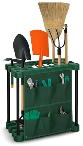 2 Tier Garden Tool Tidy Heavy Duty Garden Tools Holders with Bag Multi Tool Storage Portable Organiser for Sheds, Garages & Outdoors Caddy Freestanding Holder for Rakes, Shovels, Brooms 61 x 58 x 31cm