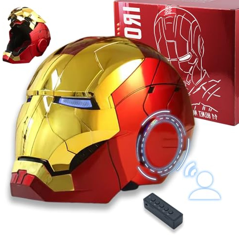 QCFGJBJK Electronic MarK 5 Helmet Gold Voice Control/Sensing/Remote Control Open/Close with Sounds & LED Eyes Light Up Super Hero Movie 1:1 model Prop.
