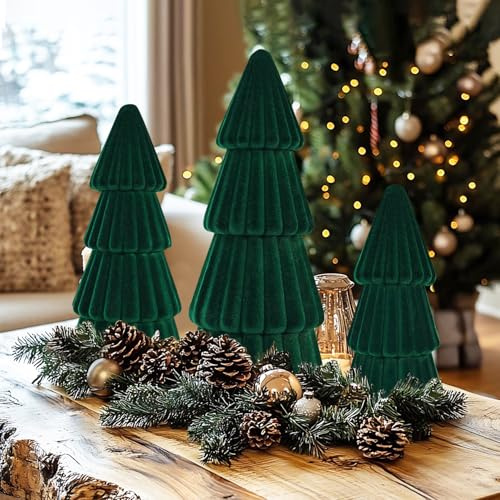 Miaikoe 3 Pcs Velvet Christmas Tree Decorations Assorted Sizes Modern Cone Artificial Trees for Christmas Decoration Winter Holiday Entryway Tabletop Centerpiece (Green)