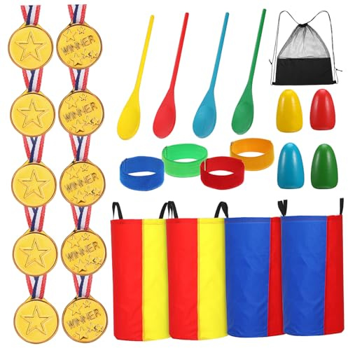 Toyvian Outdoor Family Games with Egg and Spoon Relay Three Legged Race Bands Potato Sack Bags and Construction for Birthday Parties Field Days Carnivals and Fun
