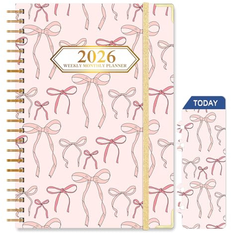 Knagsfa 2026 Monthly Planner, Jan.2026 - Dec.2026 Weekly Monthly Planner 6.25x8.5 with Page Tabs, Calendar Hardcover with Inner Pocket, Elastic Band, Twin-Wire Binding, Bookmark, Pink Bow