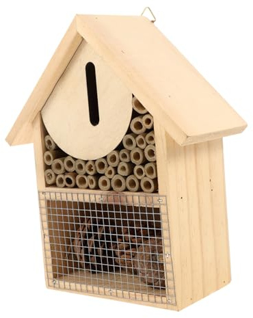Cabilock Dekoratives Bienenhaus aus Holz zum Aufhängen Wetterfestes Insektenhotel für Garten und Terrasse Nisthilfe für Wildbienen Natürliches Holzhaus als Gartendekoration