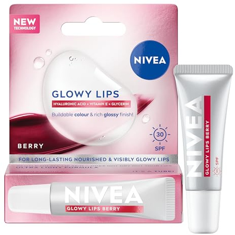 NIVEA Lip Hyaluron Glowy Lips Tube Berry (10ml), Lip Balm with Berry Shine and SPF30 Protection, Hydrating Lip Care with Hyaluronic Acid and Vitamin E, Long-Lasting Glowy Finish
